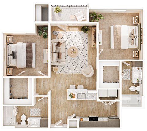 Floor plan for 2 beds, 2 baths, 997 sqft